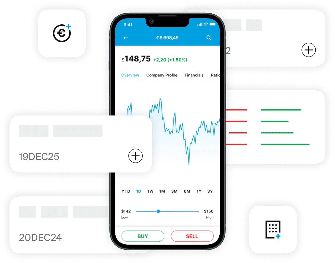 Smartphone showing EXDEGIRO app stock chart with order options and financial icons.