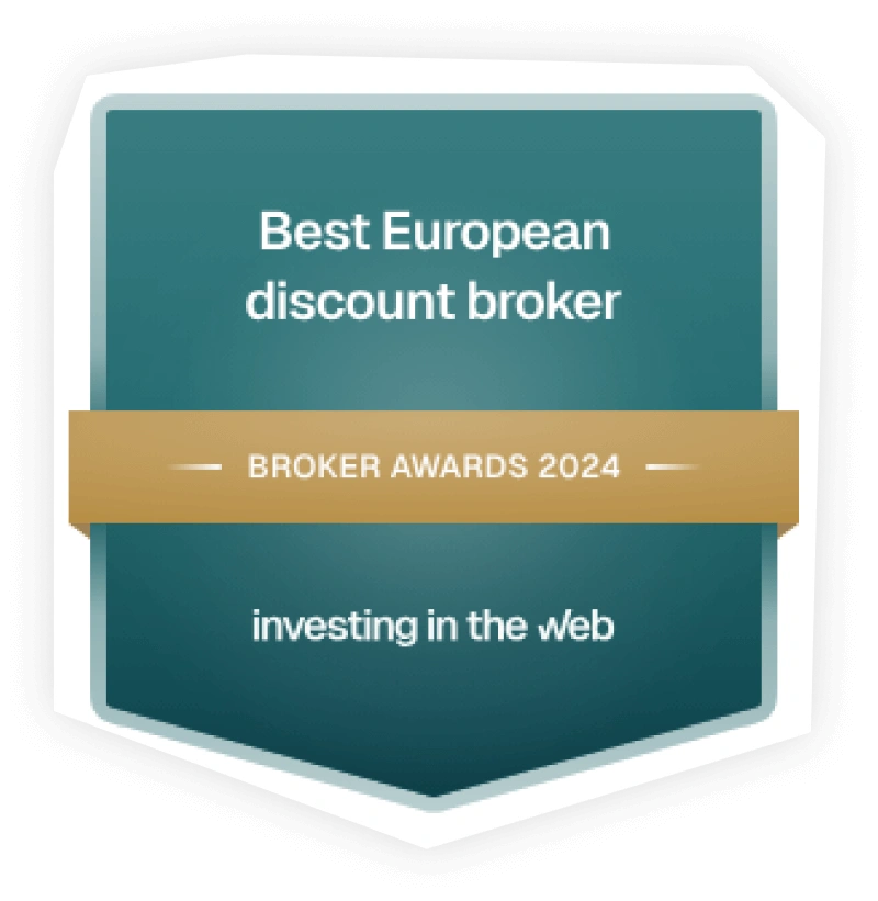 Award badge for Best European discount broker, Broker Awards 2024 recognition.