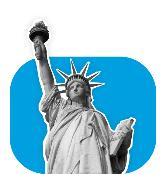 Statue of Liberty holding torch and tablet with blue background shape