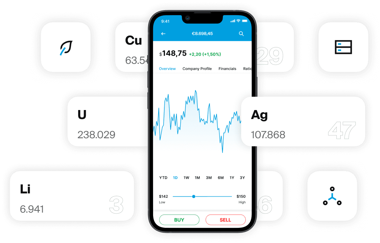 Smartphone, das den Aktienchart der EXDEGIRO-App mit Rohstoffsymbolen wie Ag, Cu, Li und U zeigt.