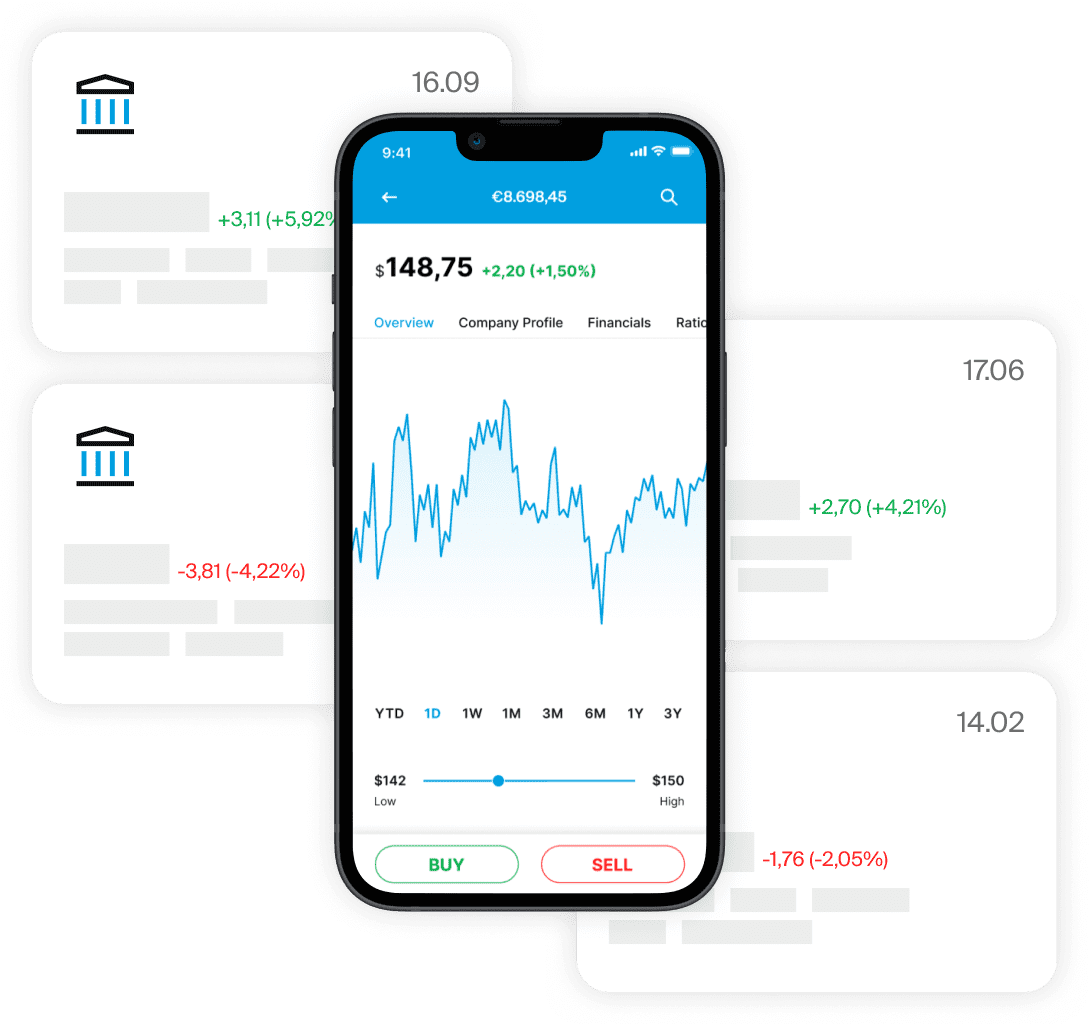 Smartphone che mostra un grafico delle obbligazioni nell'app EXDEGIRO con icone di istituzioni finanziarie e pannelli di dati di mercato