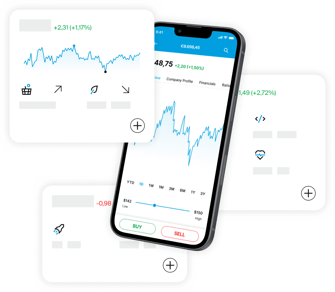 Smartphone che mostra grafici azionari nell'app EXDEGIRO con pannelli di dati di mercato fluttuanti e icone