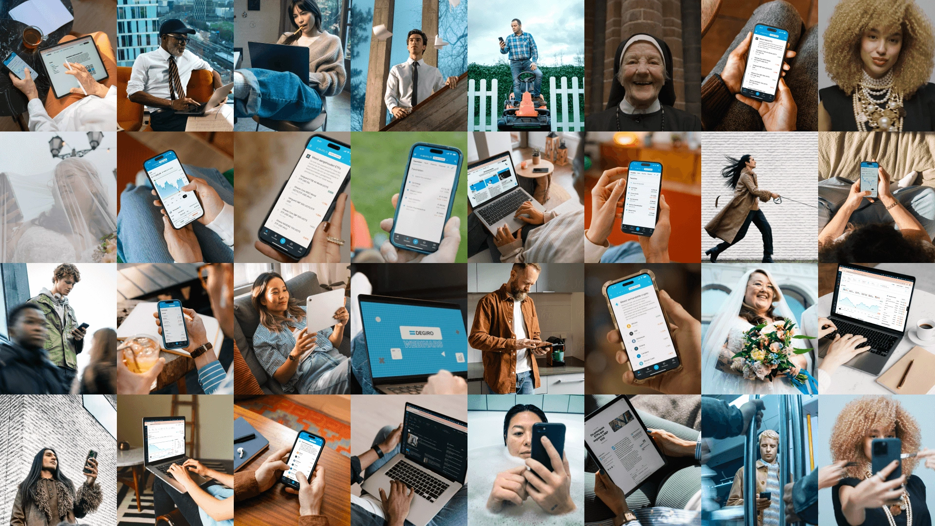 Collage di persone che utilizzano smartphone, tablet e portatili con la piattaforma di investimento EXDEGIRO.