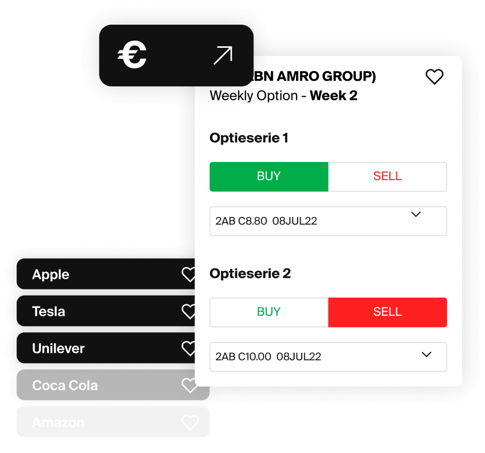 Interfaccia trading opzioni che mostra pulsanti acquista e vendi con watchlist azioni.