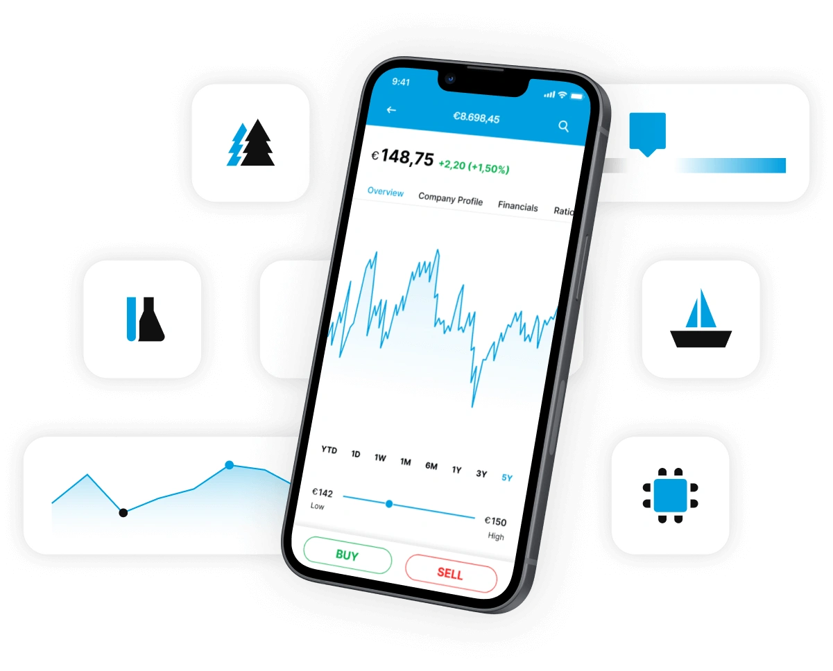 Smartphone mostrando la aplicación EXDegiro con gráfico de acciones y botones de compra y venta.