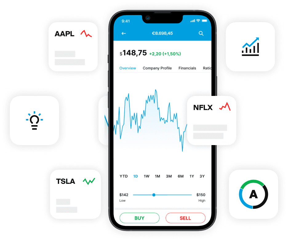 Smartphone mostrando la aplicación EXDEGIRO con un gráfico de acciones y los iconos de AAPL, TSLA y NFLX alrededor