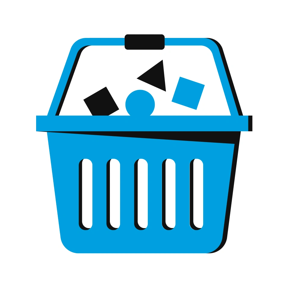 Icono de cesta de compras con formas geométricas que representan una colección de artículos