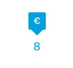 Pantalla de calendario resaltando el martes 8 con icono de euro.