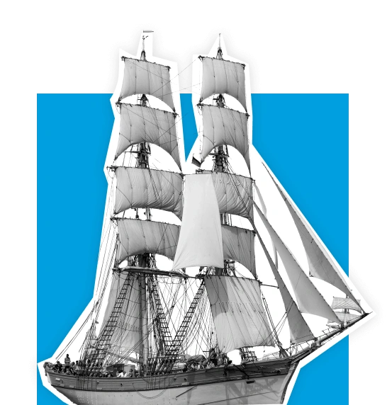 Barco de vela histórico con múltiples mástiles y velas sobre fondo azul.